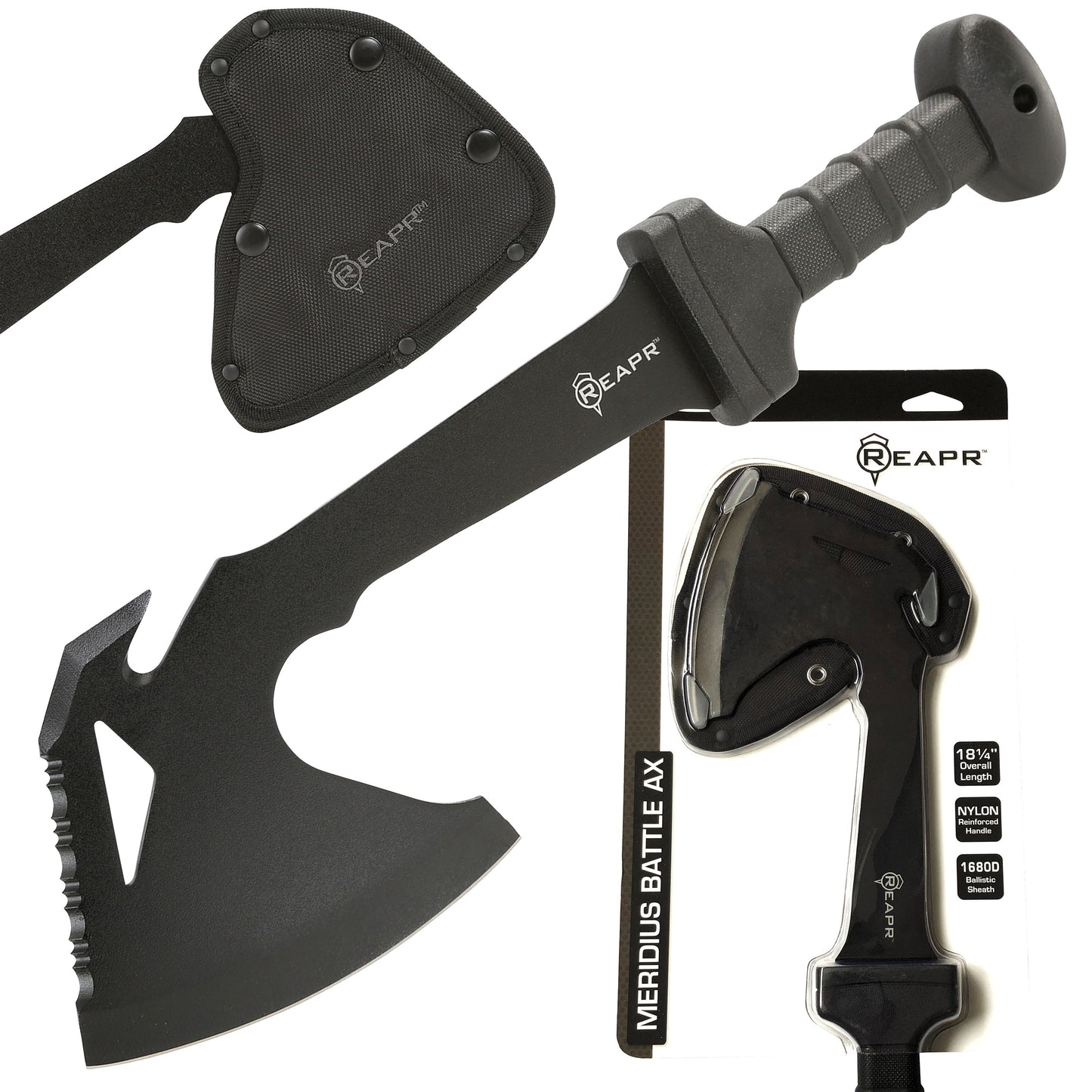 REAPR 11020 Meridius metal battle axe for chopping branches, ripping cloth or fabric, light sawing, and outdoor camping.