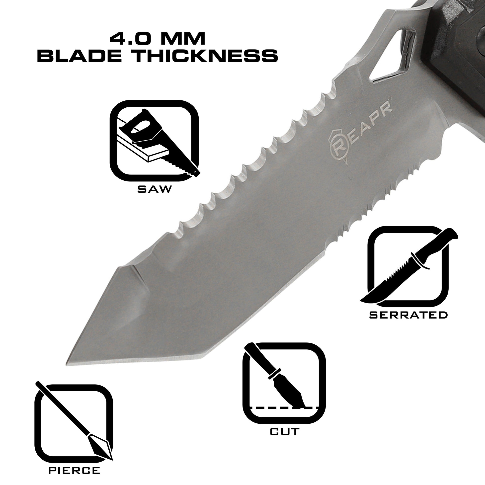 REAPR 11011 Javelin Fixed Blade Knife glass breaker and a sawed-back dual edge serrated camping knife.