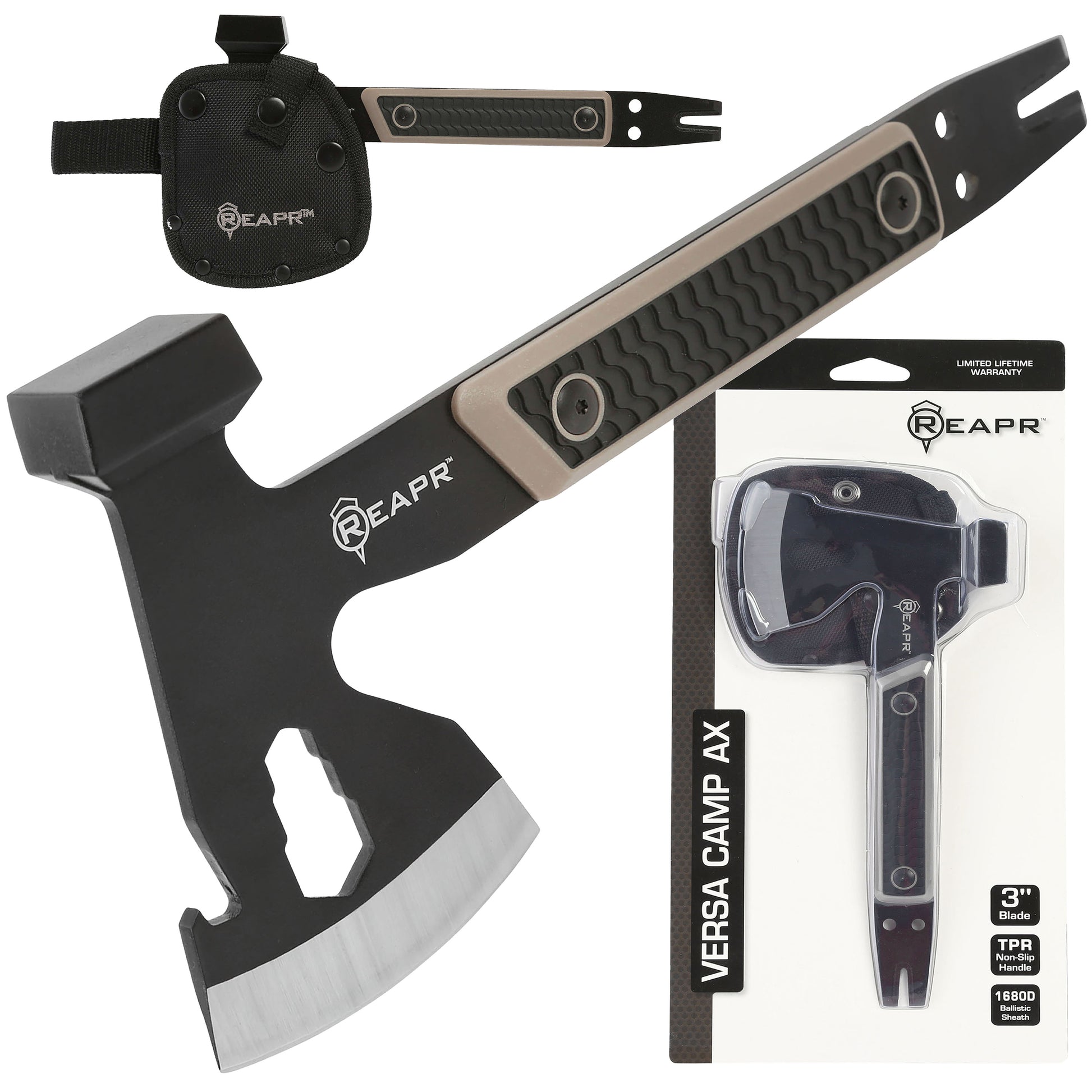 REAPR 11014 VERSA Multitool camping axe with 3" axe head, but a 3-wrench set (10 mm, 13 mm, 16mm), cast hammer, pry bar, nail puller and a bottle opener.