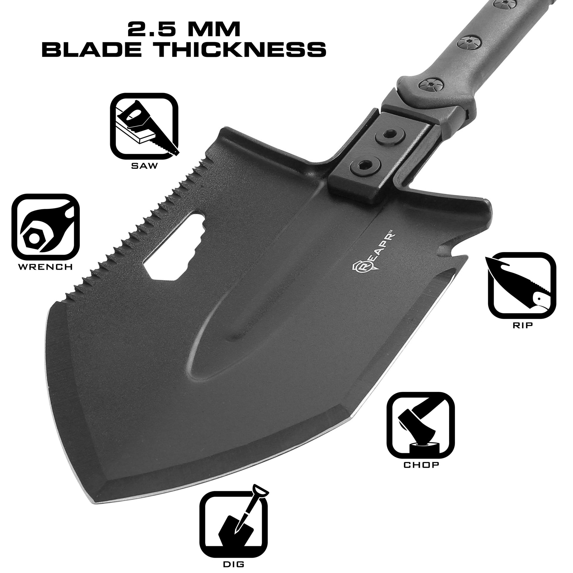  REAPR 11021 TAC Survival Shovel compact, space saving tool with saw edge, ripper, chopping edge and wrenches.