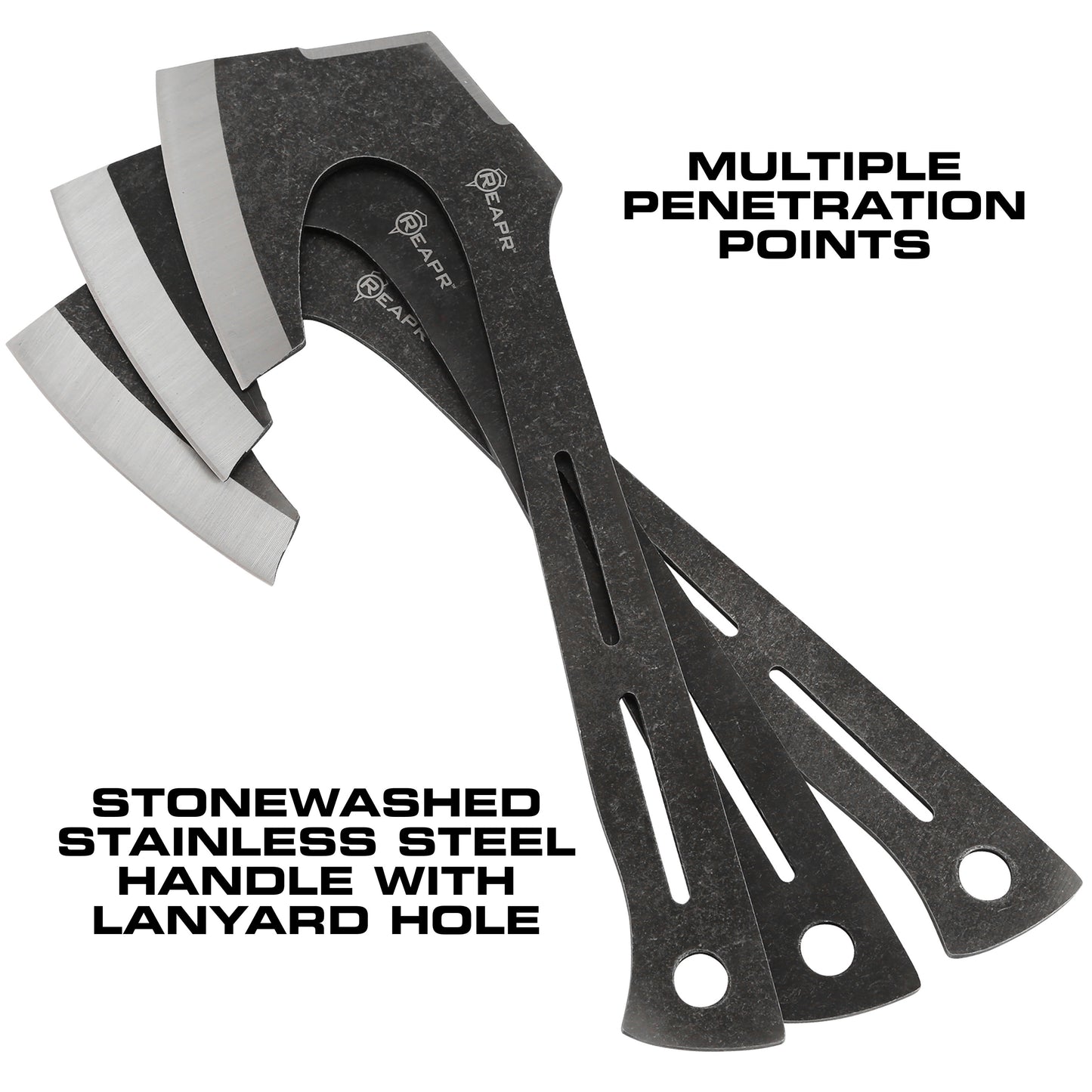 REAPR 11023 Chuk 3 Piece Throwing Axe Setthrowing axe set is constructed of single-piece 420 stainless steel for withstanding the force of throws.